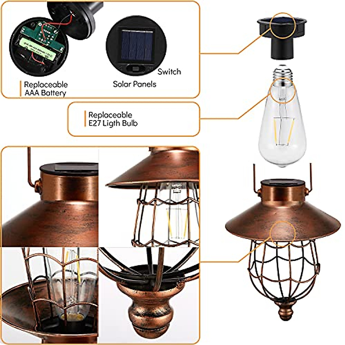 Pearlstar Solar Lanterns – 2-Pack Hanging Metal Vintage Lantern, Warm White Edison Bulb, IP44 Waterproof, Outdoor Garden/Patio/Yard Decor