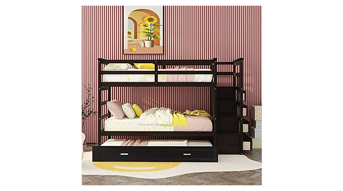 Solid Wood Twin Over Twin Bunk Bed with Storage and Staircase