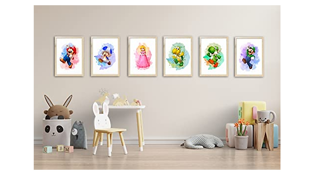 Super Mario Watercolor Posters Set of 6 for Kids & Game Rooms