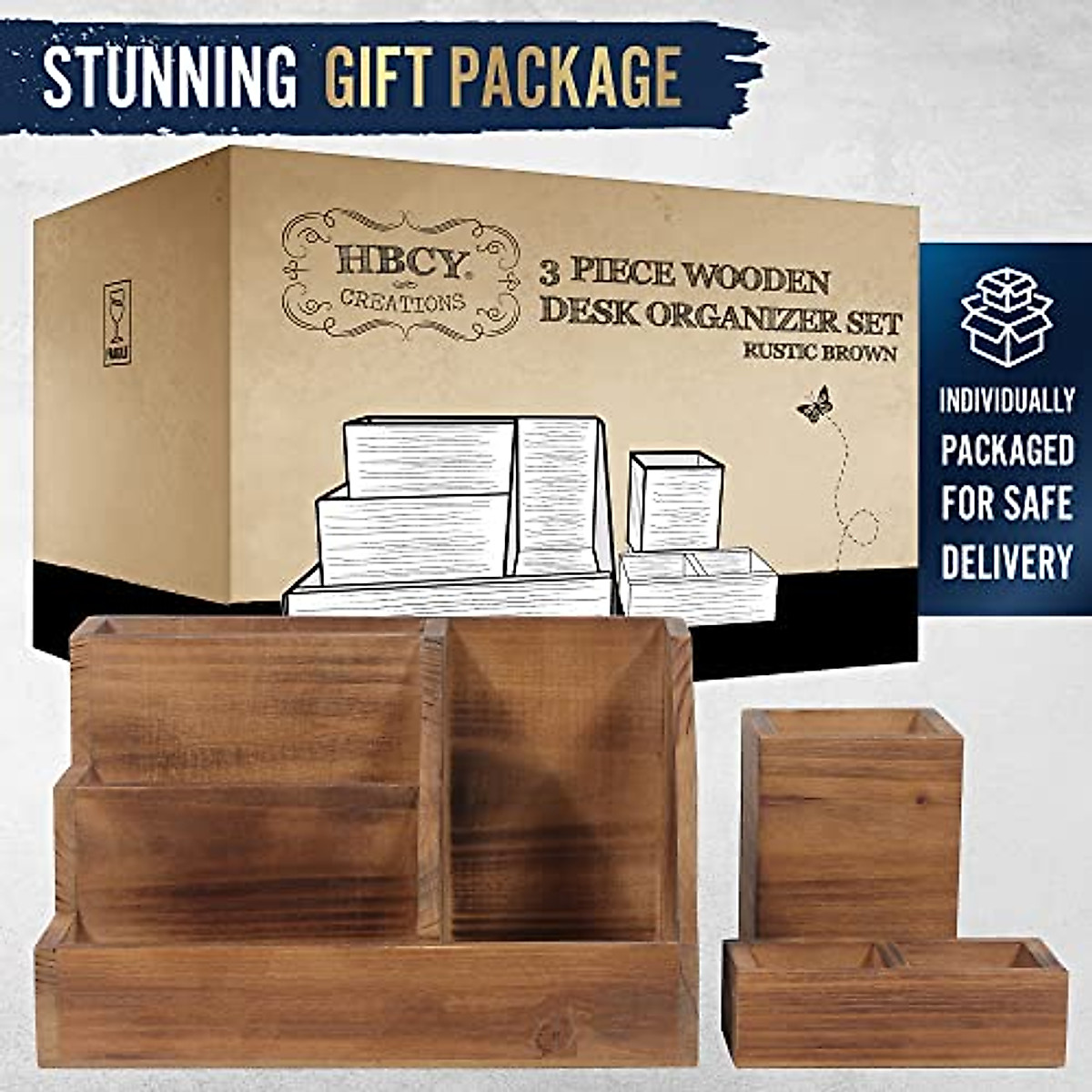 Rustic Wooden Desk Organizer Set - Stylish & Durable Office & Vanity ...