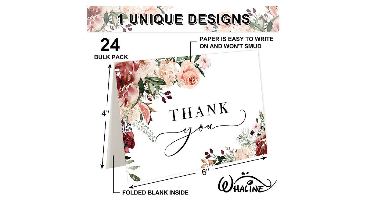 Whaline 24 Pack Floral Thank You Cards for Every Occasion