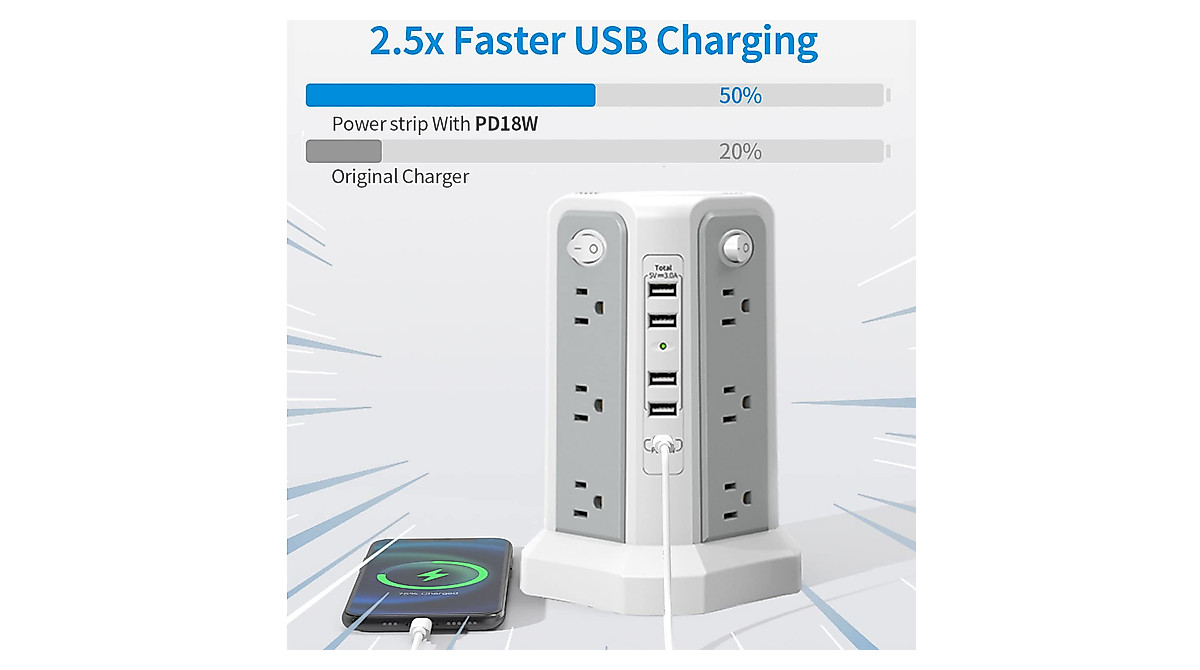 Tower Surge Protector Power Strip, Upgrade Version 8.8ft Extension Cord With 12 AC Outlets 5 USB Charging Ports Surge Protection For Home Office DormRoom Gray For Business For Factory - View #8