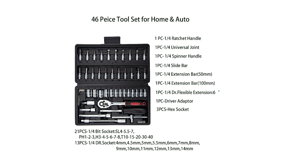 YZMLOL 46-Piece Ratchet Wrench and Socket Set for Auto & Home