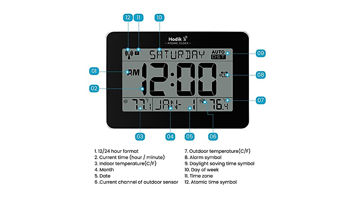 HODIK Atomic Clock with Large LCD Display & Wireless Sensors