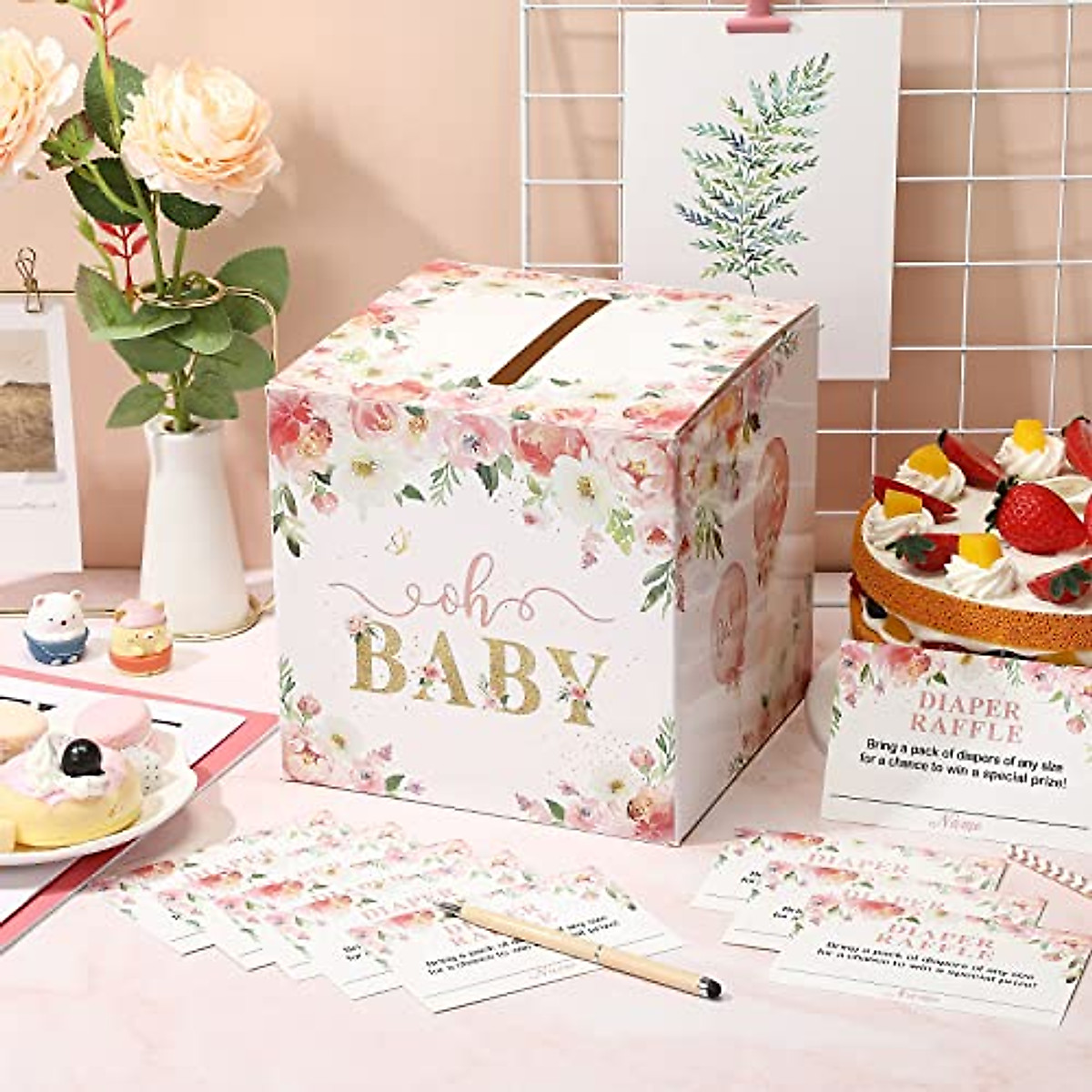 Floral Diaper Raffle Tickets & Box for Baby Shower
