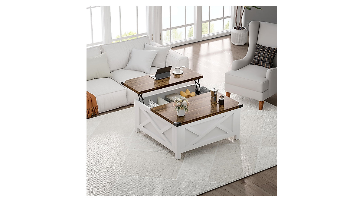 MU Lift Top Farmhouse Coffee Table with Storage & Charging Station