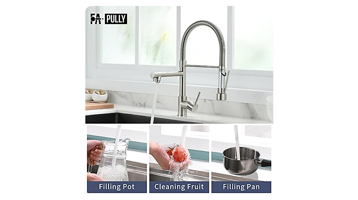 Fapully Pull Down Kitchen Faucet With Lock Sprayer,Single Handle Spring Stainless Steel Kitchen Sink Faucet Brushed Nickel