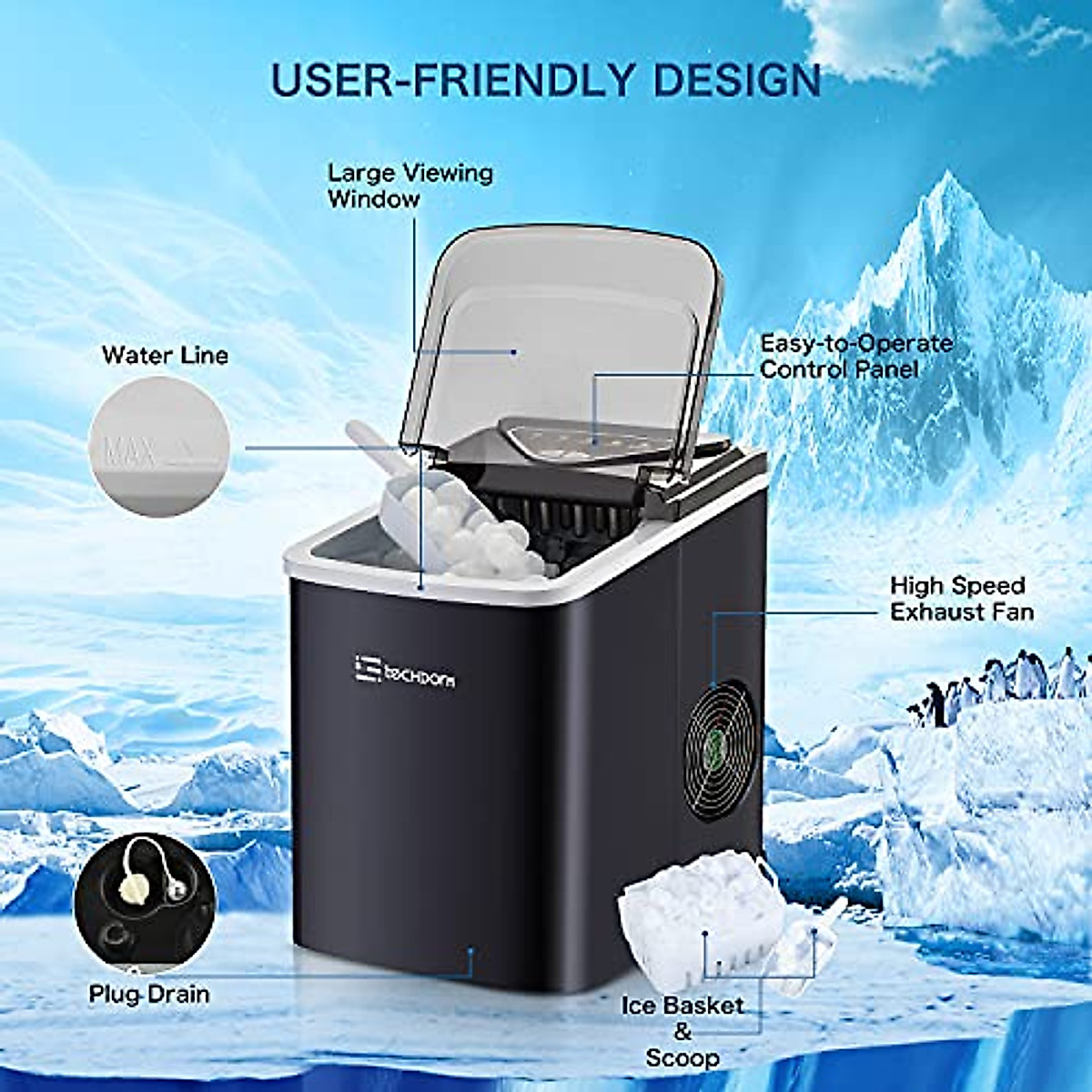 Techdorm Ice Maker Machine for Countertop, 9 Bullet Ice Cubes Ready in 6-8 Minutes, 26Lbs/24H ...