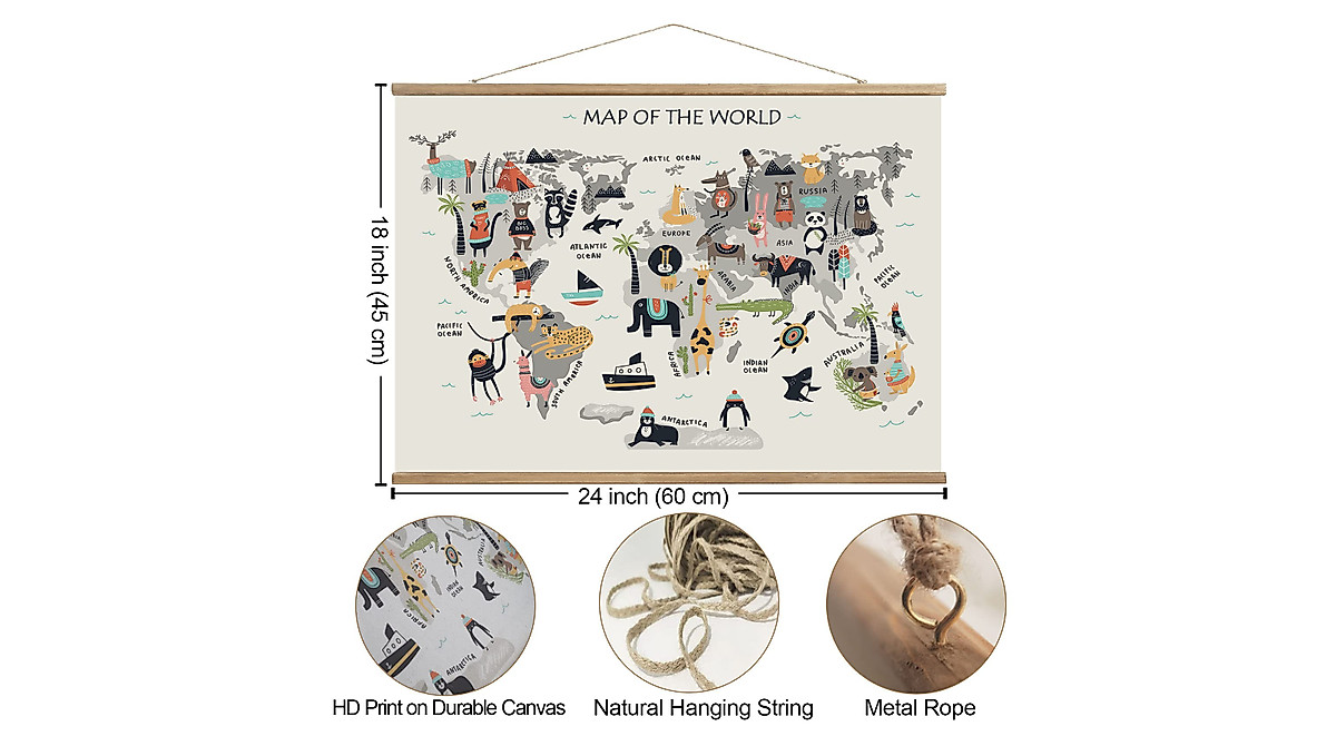 Animal World Map Hanging Canvas Wall Art , World Maps for Kids Wall ...