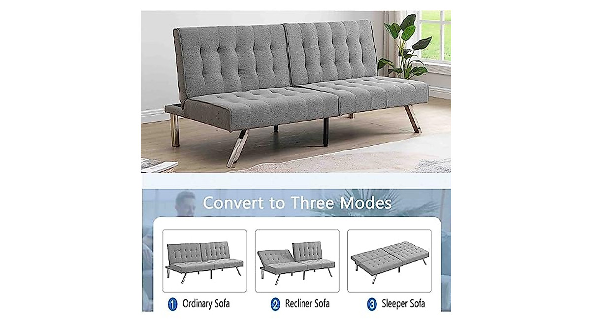 68-Inch Convertible Futon Sofa Bed - Modern Sleeper Couch in Grey