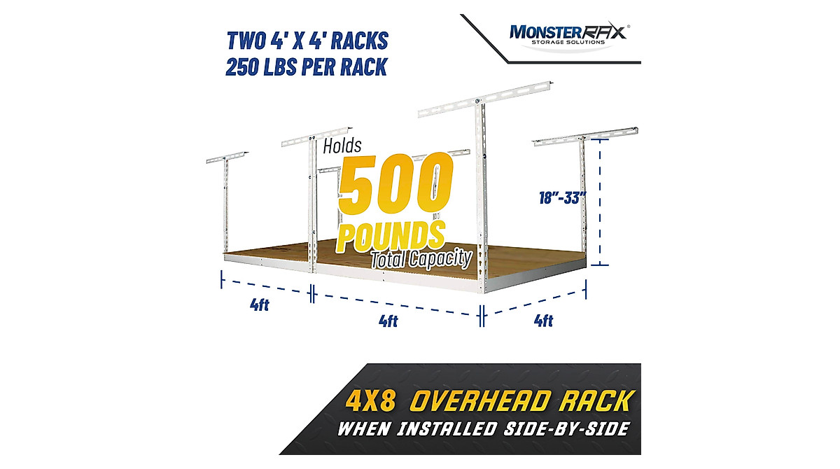MonsterRax 4x8 Garage Overhead Storage Rack Kit - Ceiling Shelves
