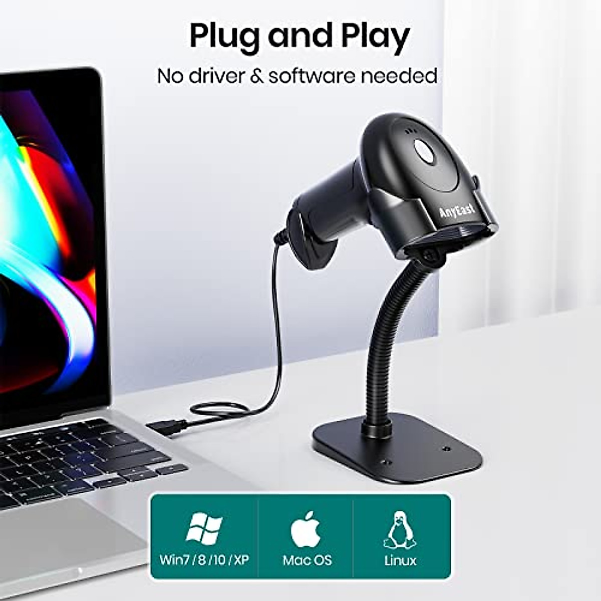 Anyeast AT006 Wireless Barcode Scanner With Charging Stand – 1D 2D QR Bluetooth