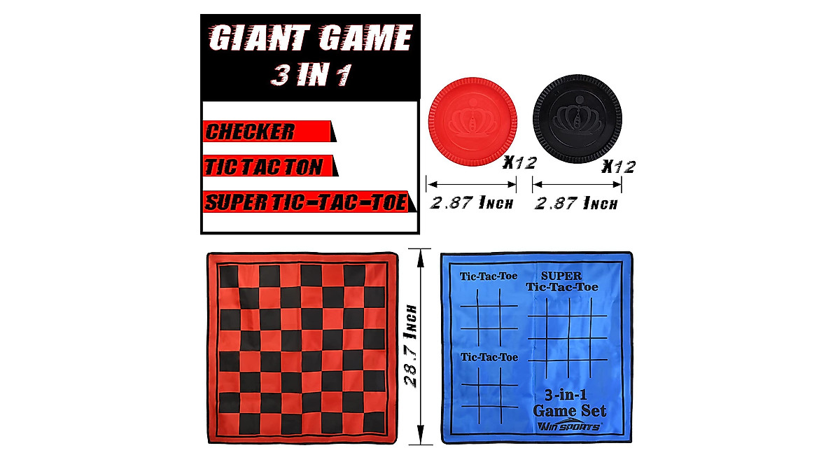Win SPORTS 3-in-1 Giant Checkers Game Set for Kids & Adults