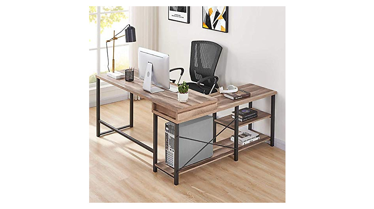 BON AUGURE L Shaped Computer Desk with Storage - Industrial Farmhouse Style