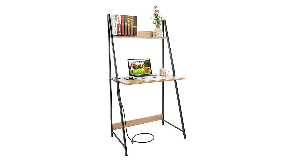 SpringSun Computer Desk: Power Outlet, USB & Storage Shelf