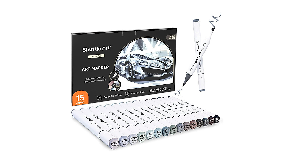 Shuttle Art 15-Color Gray Tone Markers for Sketching & Design