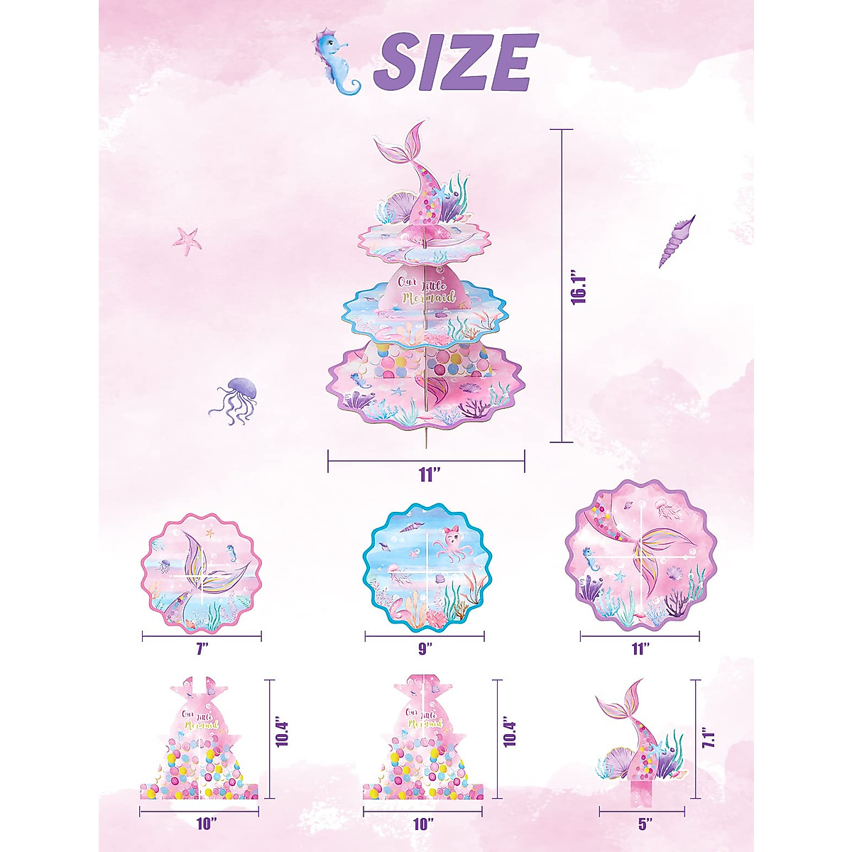 Grace 2pcs Mermaid Cupcake Stand Reusable Paper 3 Tier Cupcake Tower Decorative Dessert Stand Holder For Birthday Party Baby Shower