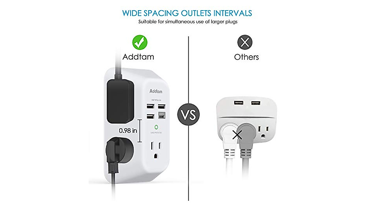 Surge Protector, 5 Outlets Extender with 4 USB Ports(USB C), 3-Side 1680J Power Strip Multi Plug