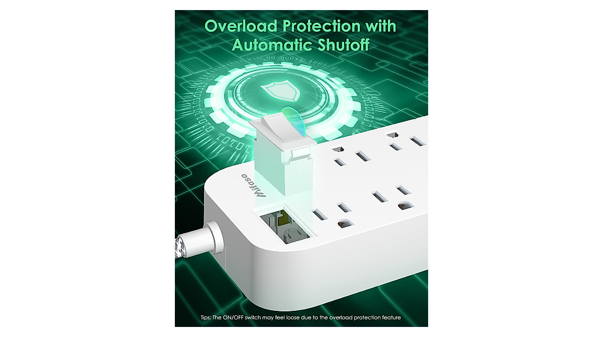 10 FT Power Strip with USB Ports & Overload Protection