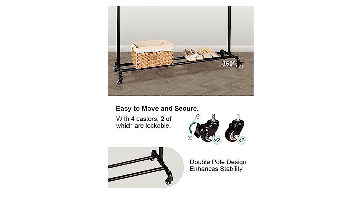 OldRainbow Industrial Pipe Clothing Rack - Mobile Vintage Garment Rack