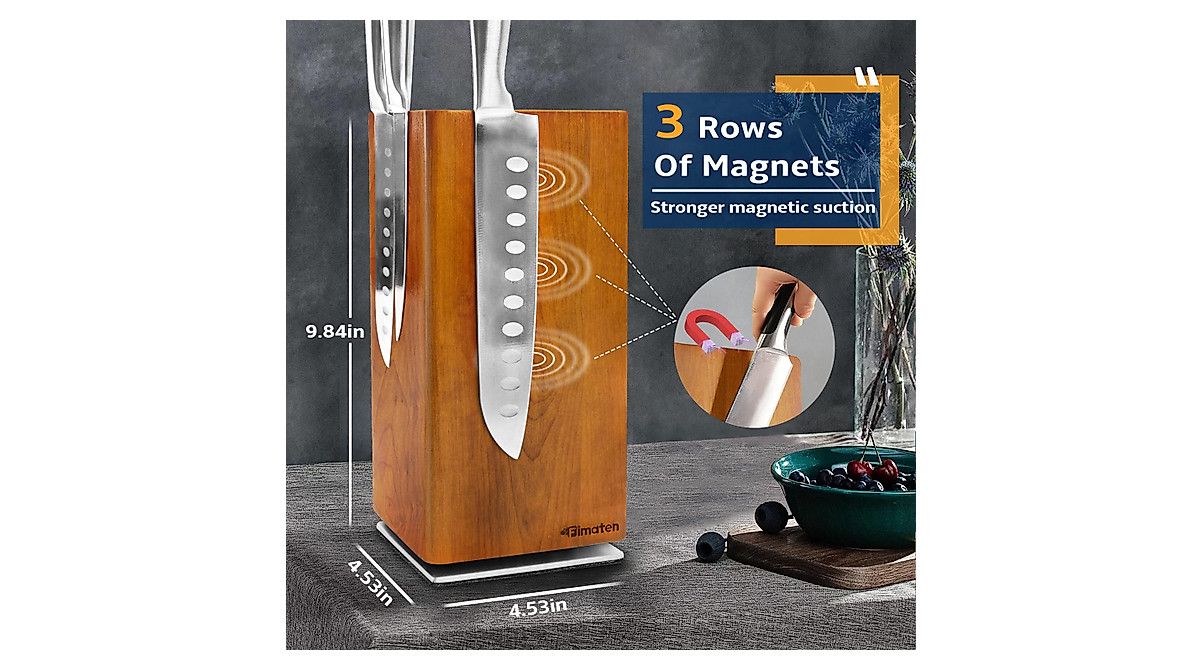 Fimaten Magnetic Knife Block: 360° Rotatable Acacia Wood Holder