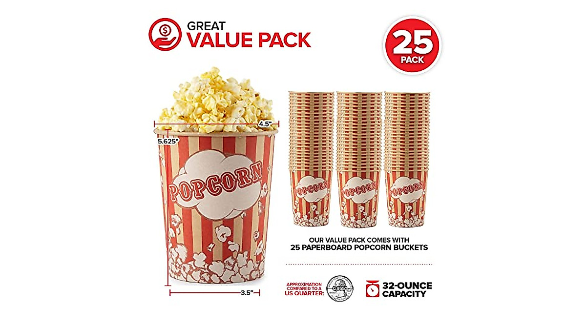 32 Oz Disposable Popcorn Buckets - 25 Count Vintage Style