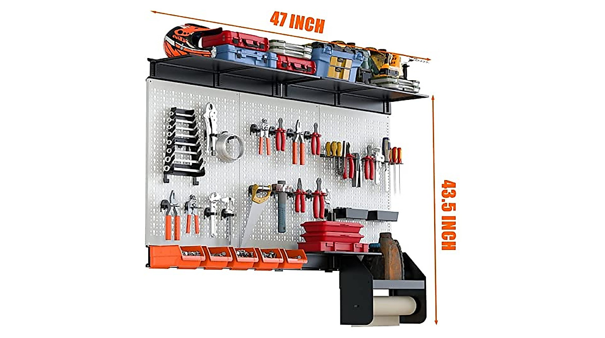 TORACK Pegboard Wall Organizer 4 Ft. Garage Metal Pegboard Organizer Utility Tool Storage Kit With Toolboard Hooks Accessories Wall Mounted Storage Bins Paper Towel Holder Overhead Shelf - View #7