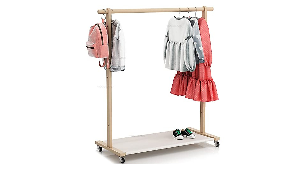 Kids Clothing Rack with Storage Shelf - Durable Beech Wood Organizes ...