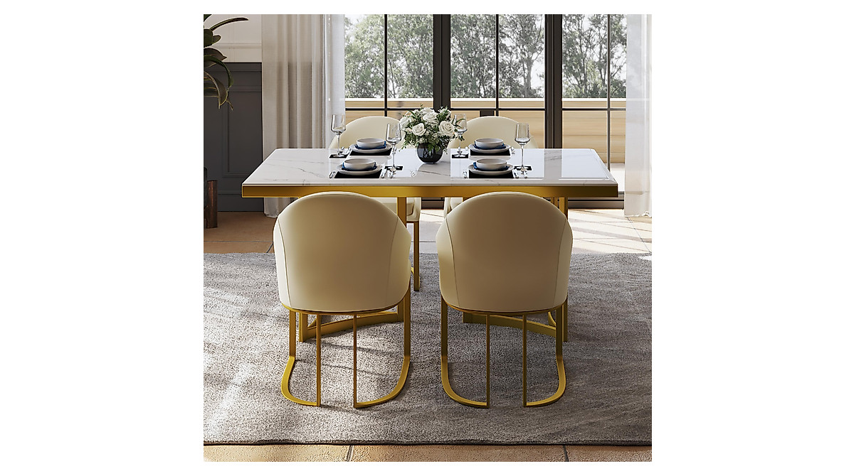 POVISON Marble Dining Table for 6 - Modern White with Gold Trestle