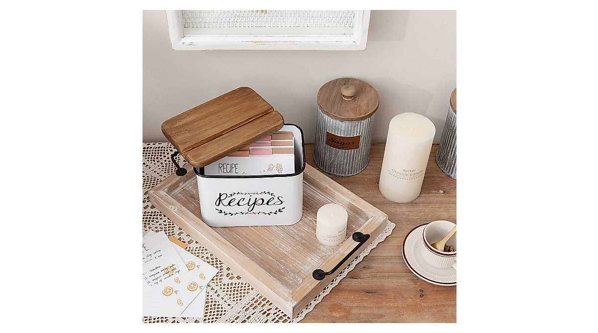 NIKKY HOME Metal Recipe Box Organizer - 4x6 Cards & Dividers Included, Line Embossing Pattern, Acrylic Display Frame
