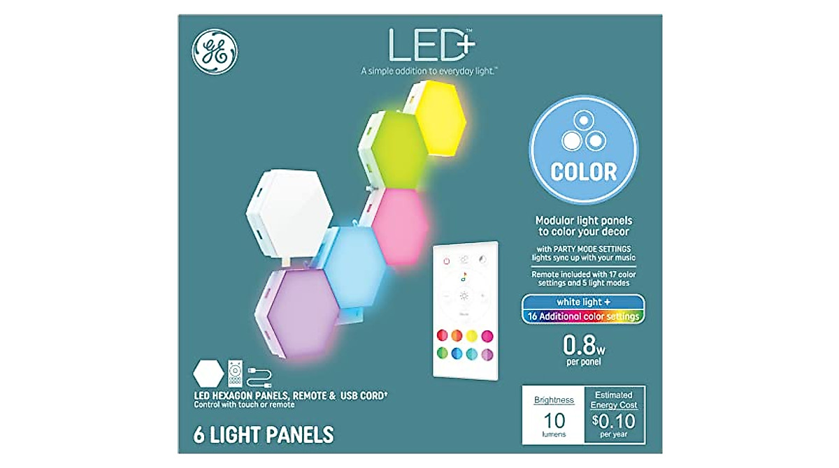 GE LED+ Color Changing Hexagon Tiles - Vibrant RGB Lighting & Music Sync