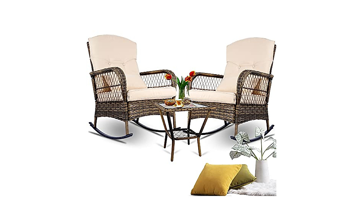 SENSWEET Outdoor Wicker Rocking Chairs Set - All-Weather