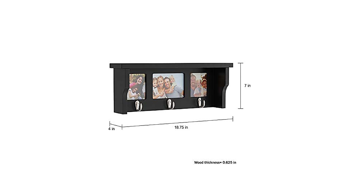 Wall Shelf & Photo Frame with Hooks - Modern Black Decor