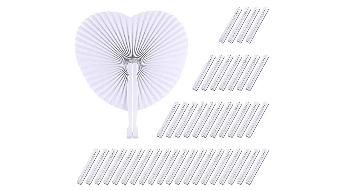 48 White Heart Paper Fans: Wedding Favors & Party Decor