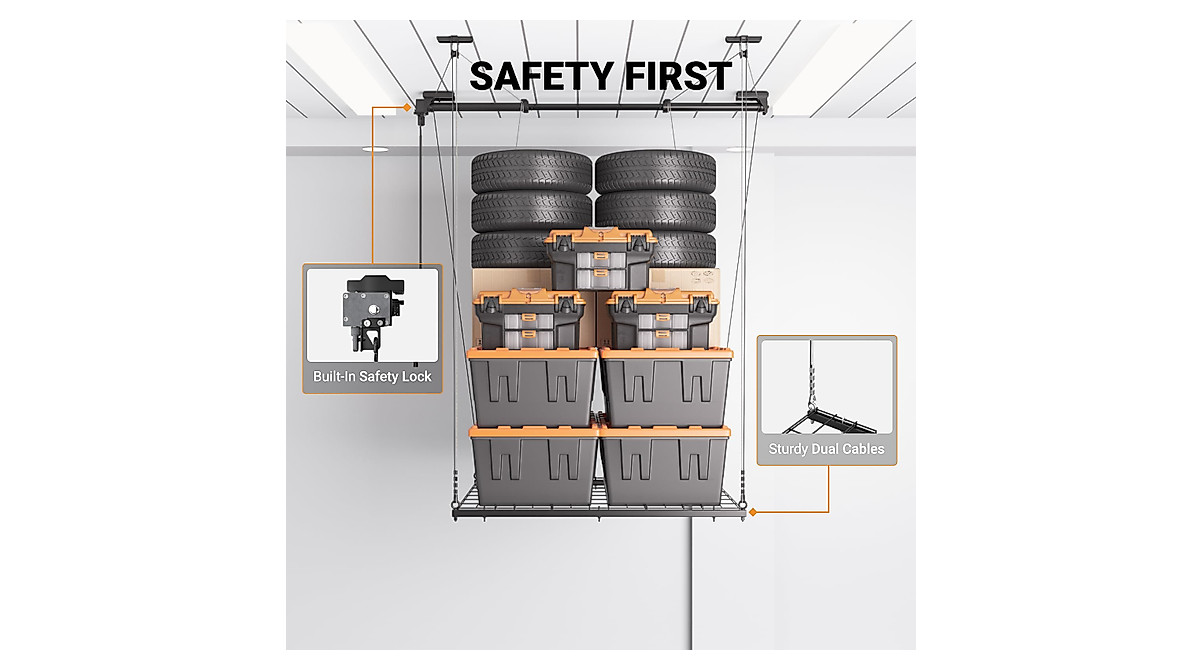 eShelf Overhead Garage Storage Rack - Heavy Duty & Easy Lift