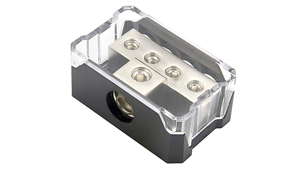 RKURCK 4 Way Power Distribution Block, 0/2/4 AWG Gauge In, 4/8/10 Gauge Out, Car Audio Stereo Amp Distribution Connecting Block For Audio Splitter 1 In 4 Out 2 Pack