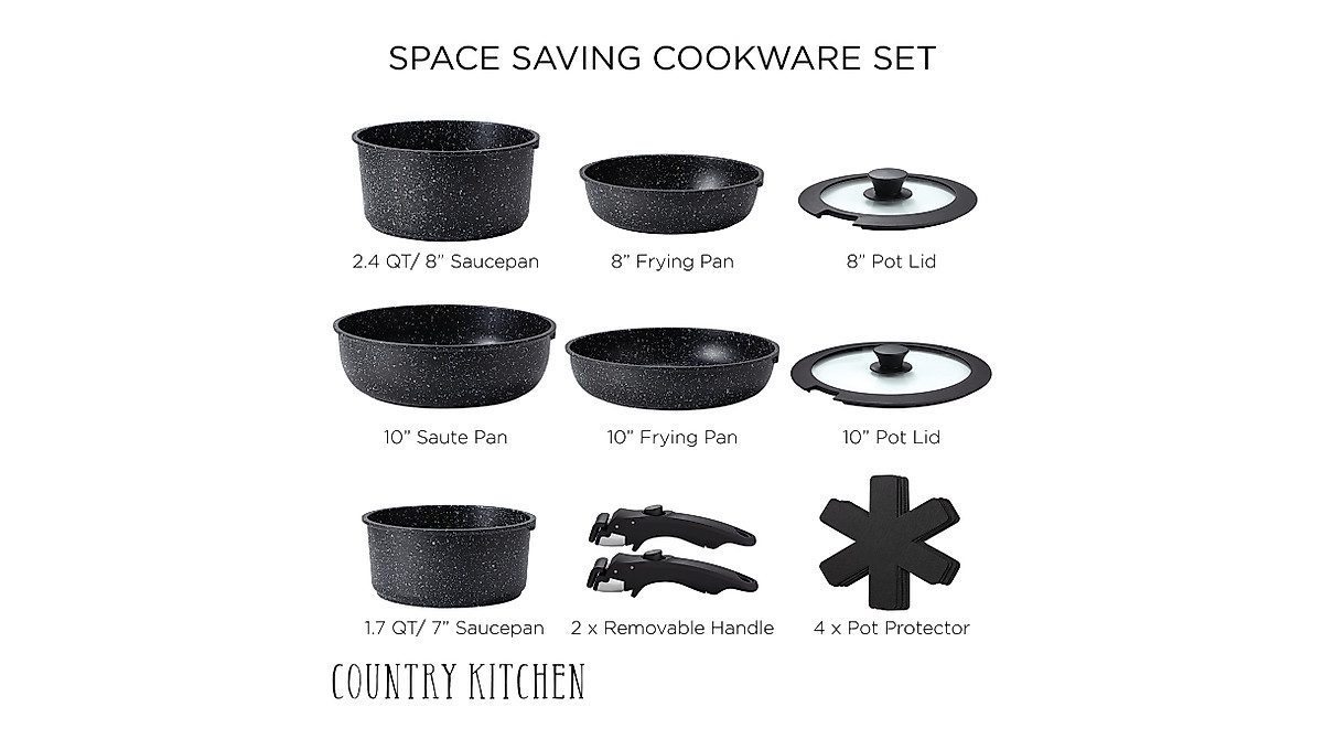 Country Kitchen 13-Piece Nonstick Cookware Set - Oven Safe & Space-Saving