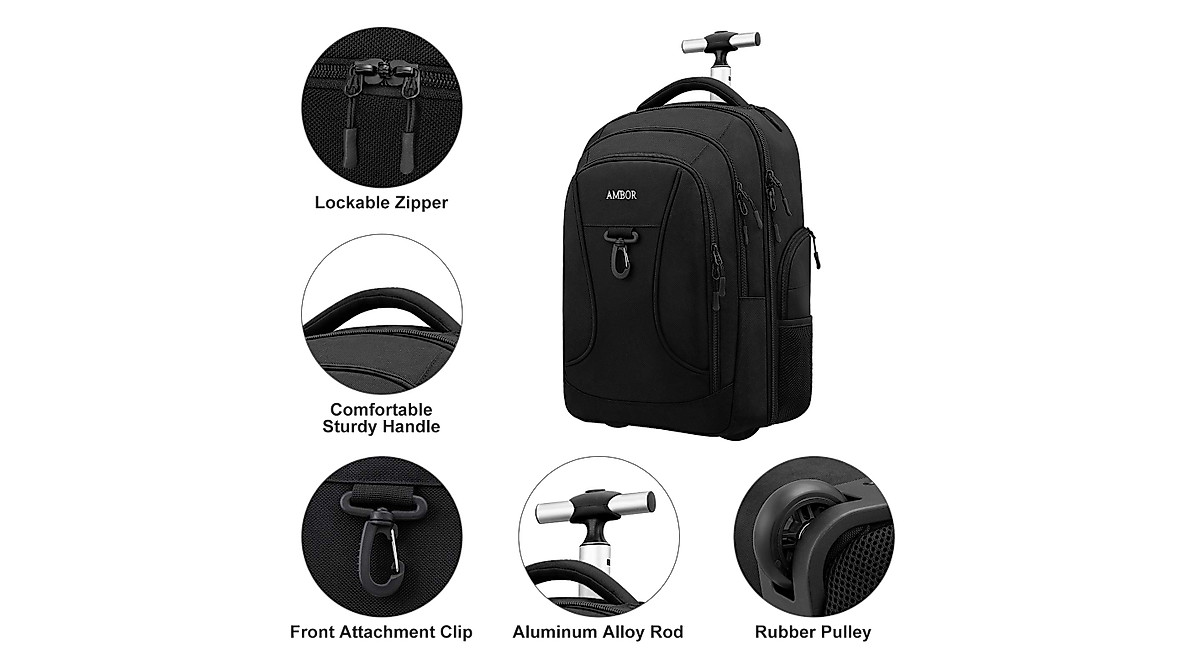 AMBOR Waterproof Rolling Backpack for Travel & Work