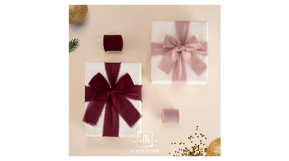 DORIS HOME Burgundy Fringed Chiffon Ribbon for Gifts & Crafts