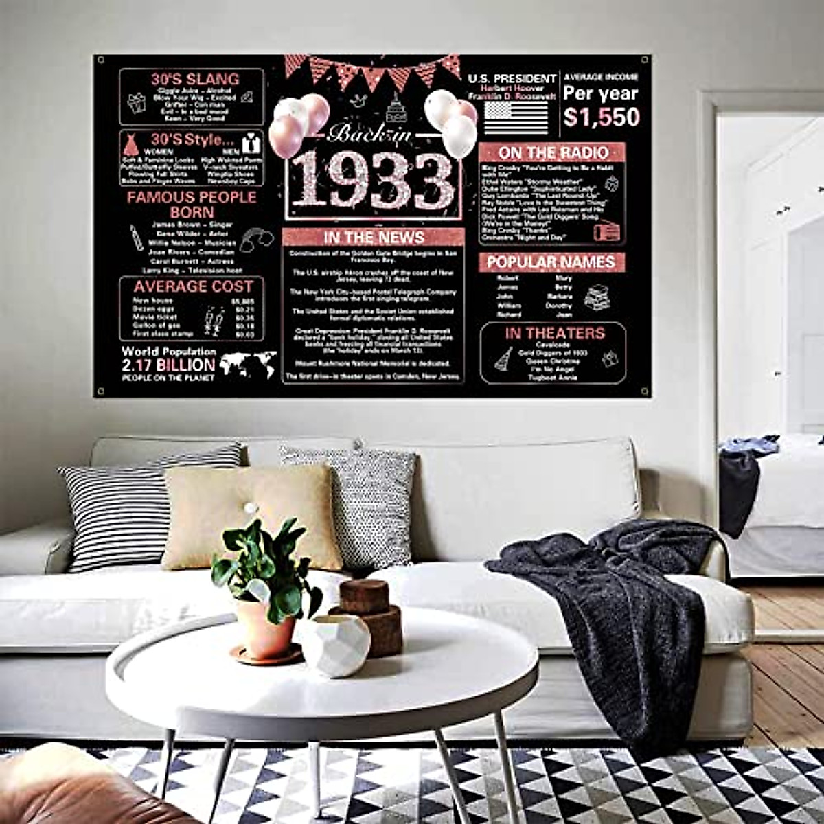 Crenics Rose Gold 90th Birthday Banner for 1933 Party