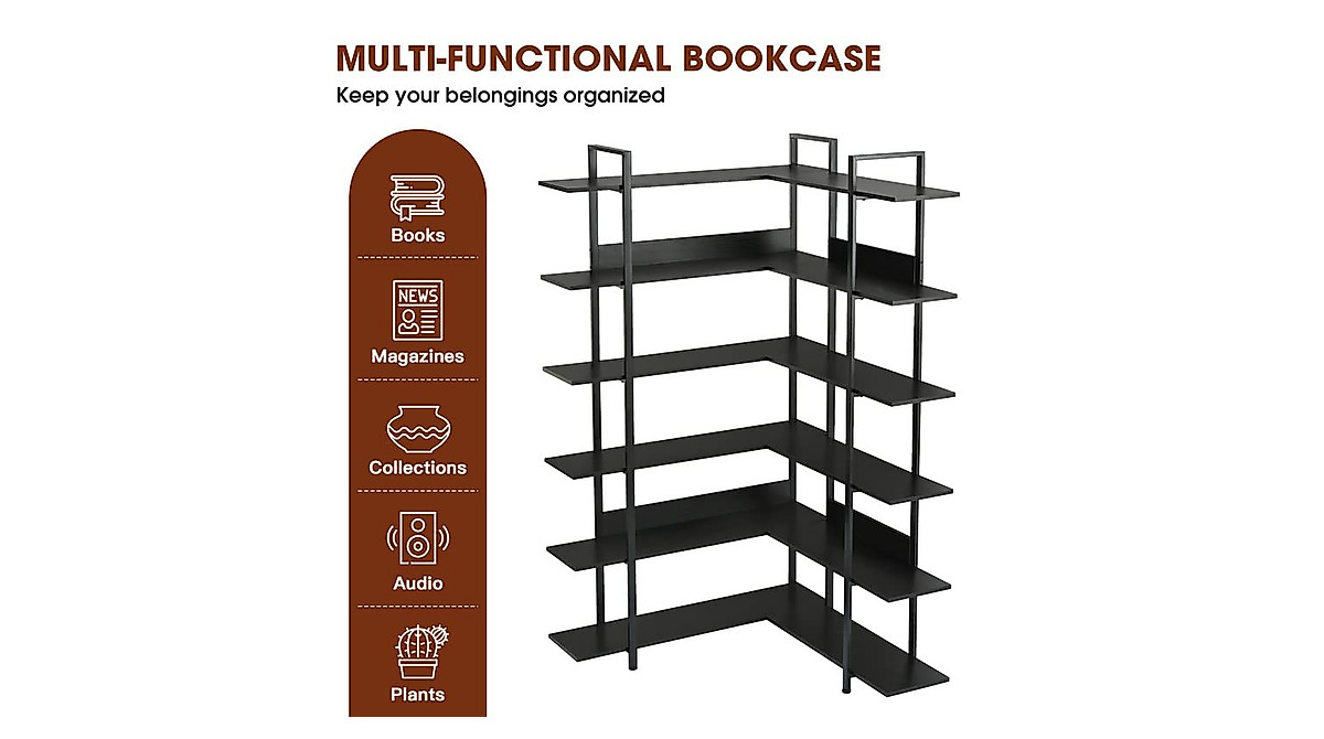 Tejomi 6-Tier Corner Bookshelf - Industrial L-Shaped Storage Rack