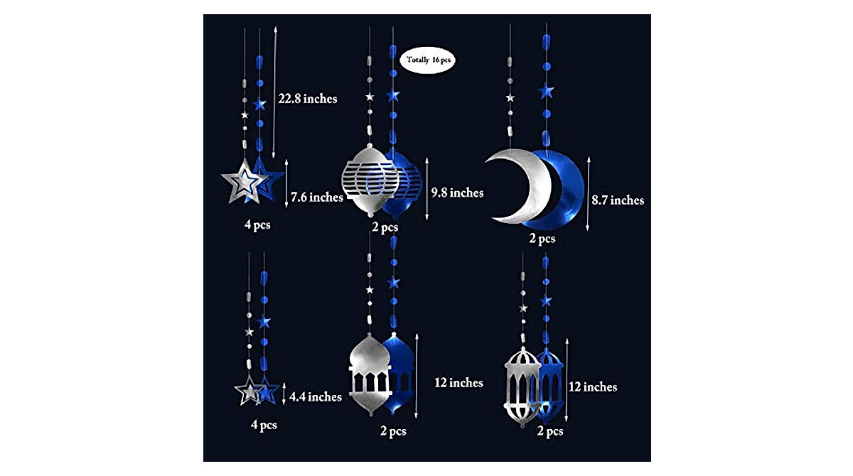 Ramadan Lantern Garland - Silver Blue Star & Crescent Moon Decor
