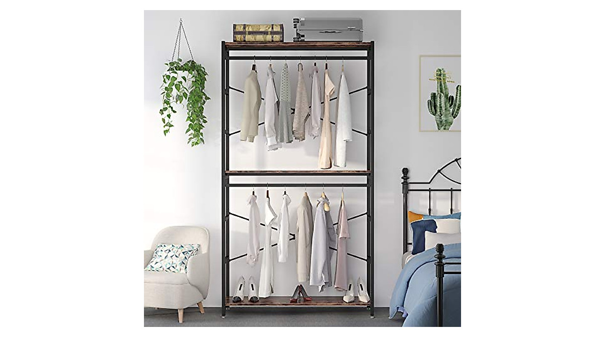 Tribesigns Closet Organizer with 3 Shelves & 2 Rods
