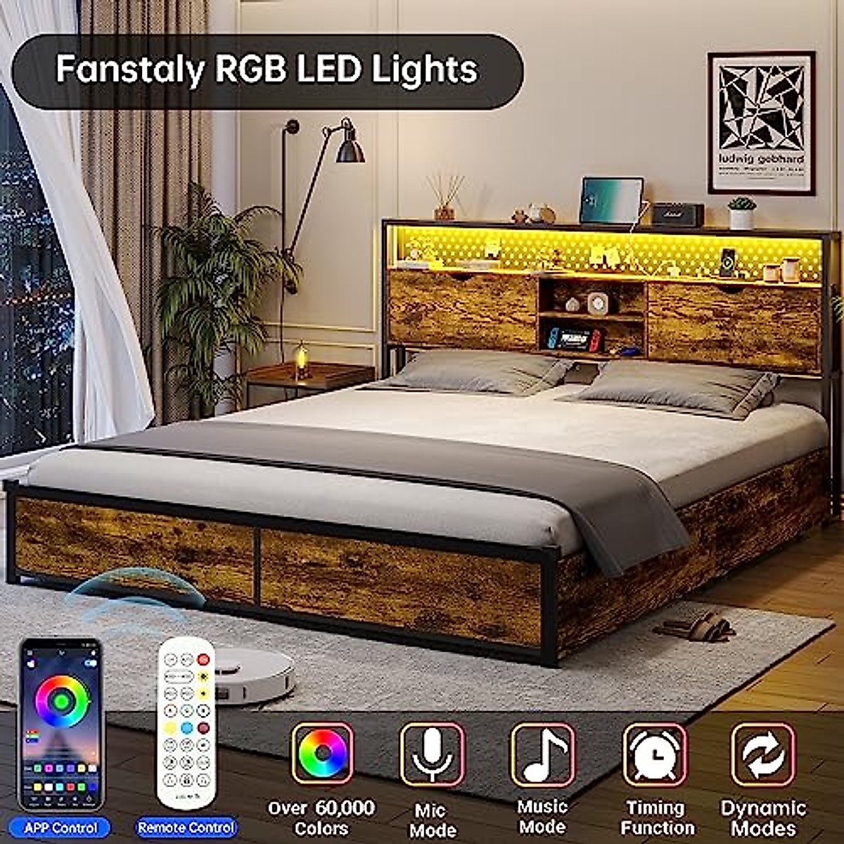 ADORNEVE Queen LED Bed Frame with Storage & Charging