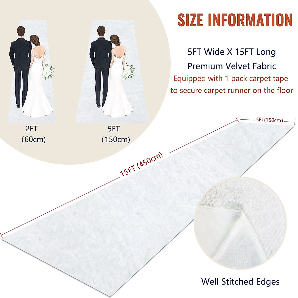 ROMANKAS White Wedding Aisle Runner 5ft x 15ft Velvet Carpet