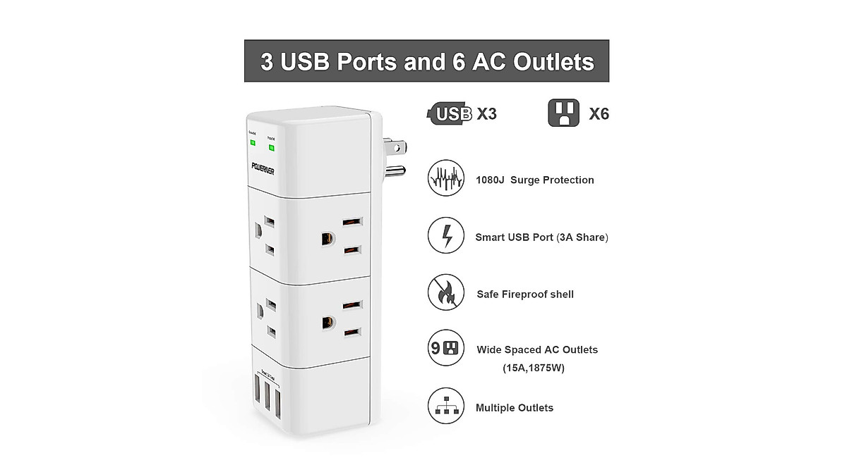 POWERIVER Surge Protector Wall Mount with 6 Outlets & USB Ports