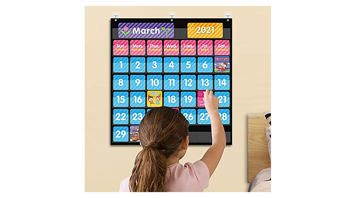REGELETO Black Calendar Pocket Chart for Kids & Classroom