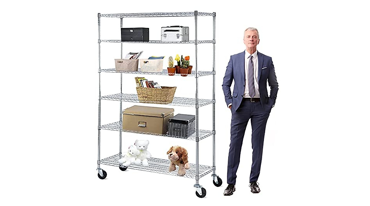 6-Tier Wire Shelving Rack - Heavy Duty Steel Storage Unit with Casters