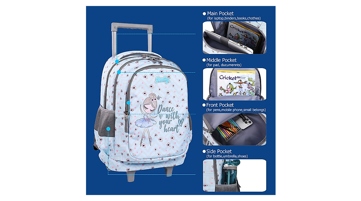Seastig Clear Rolling Backpack For Kids - 18in Wheeled School Backpack With Double Handle, Purple