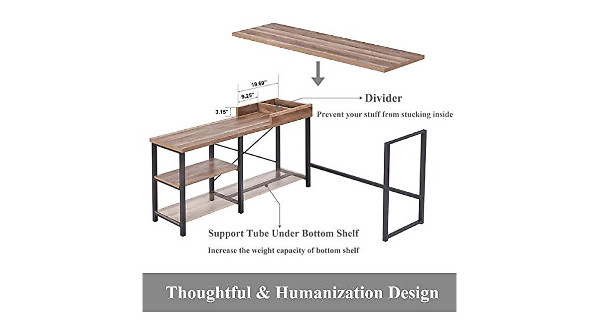 BON AUGURE L Shaped Computer Desk with Storage - Industrial Farmhouse Style